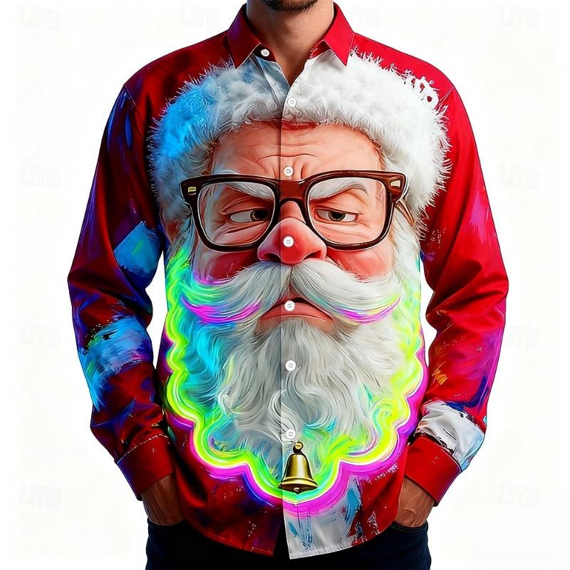 Christmas Men's 3D Santa Claus Printed Long Sleeve Shirt Polyester Lapel Formal Casual Shirt Autumn and Winter All-match Tops