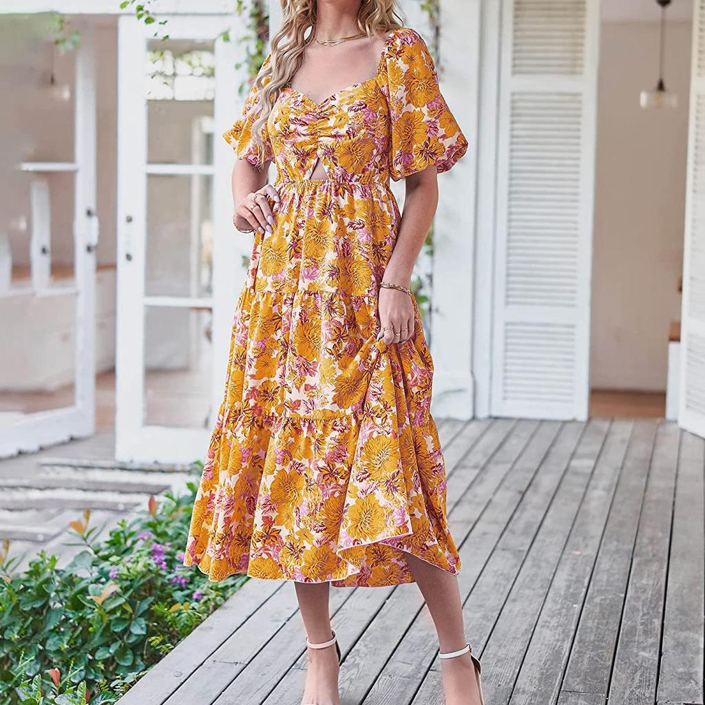 Women's Fashion Floral Square Collar High Waist Hollow Bubble Short-sleeved Back Pleated Printed Dress
