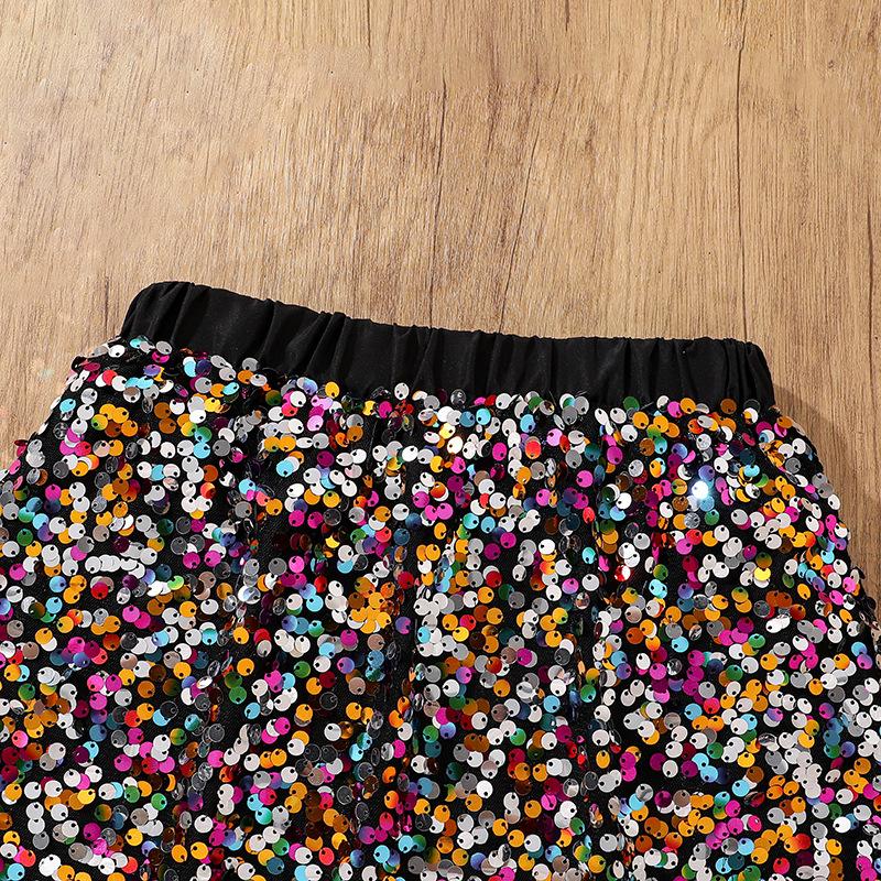 Girls' Leisure Suit 2025 Spring/Summer Children's Sequin Short Skirt Love Short Sleeve Top Two-piece Set