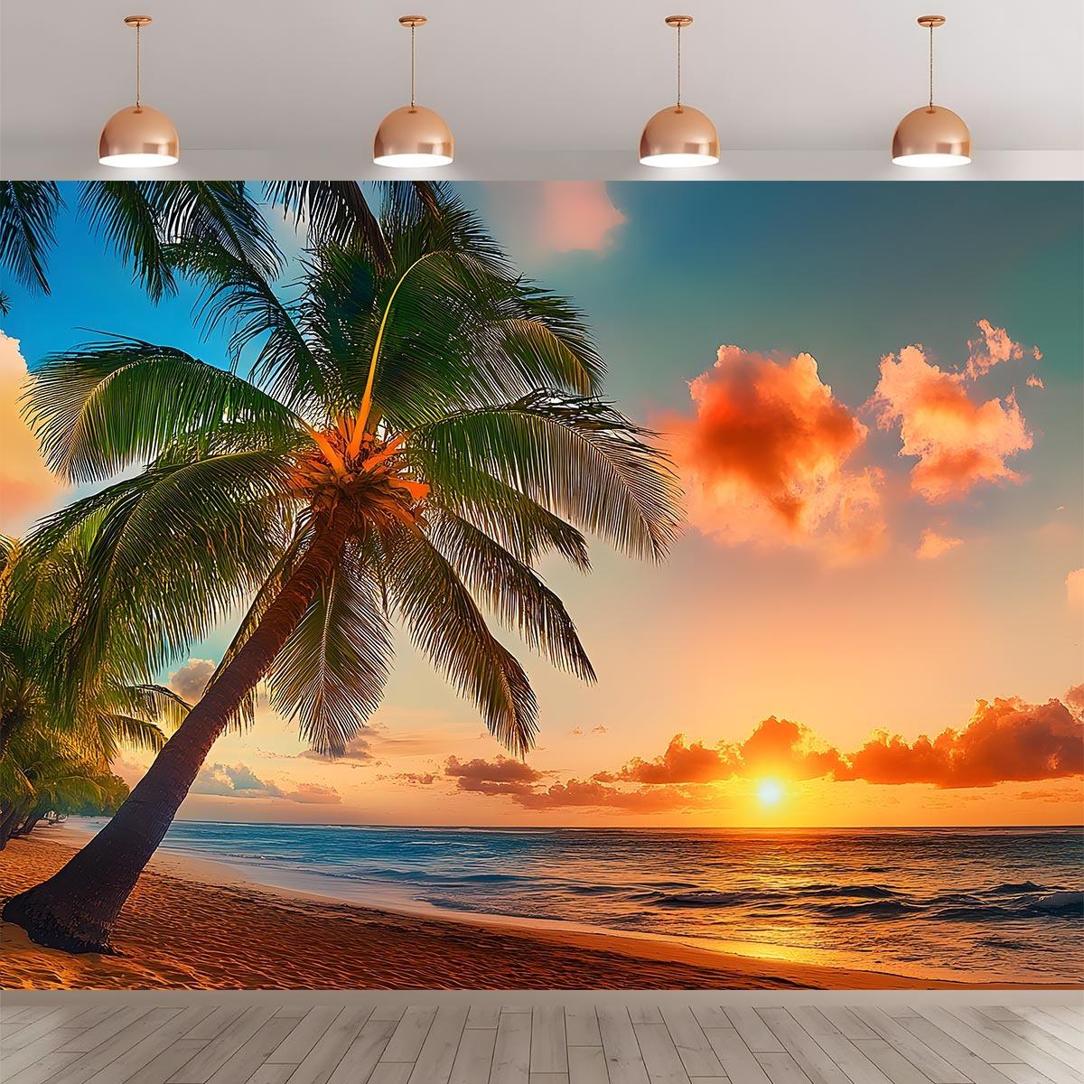 

Beach Sunset Palm Tree Tapestry Tropical Living Room Wall Hanging Decor Ocean View Vacation Mode Relaxation Coastal Home Decor 74x94cm(29x37in)