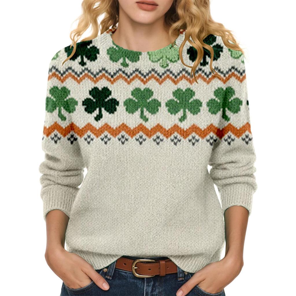 LXF-YT52 Saint Patrick's Day Fair Isle Pullover Sweater - Long Sleeve, Spring and Autumn Fashion.