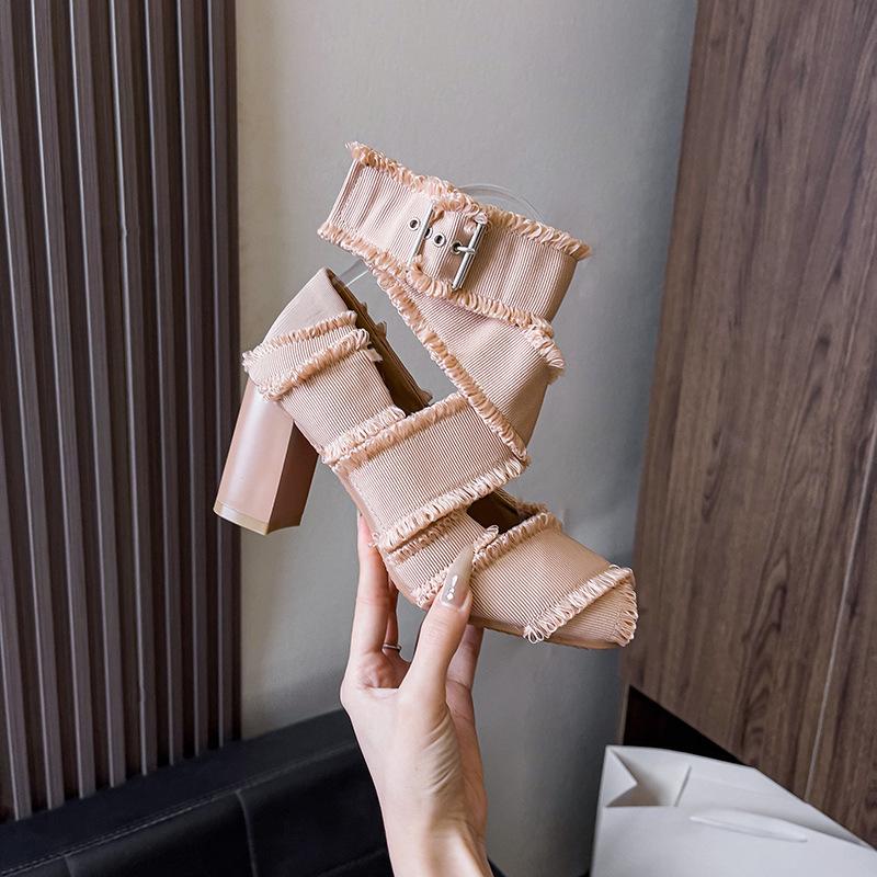 Fashion Super High Heels Ballets Shoes Ladies Cross Tied Fabric Pumps Women Mid-Calf Belt Strap Mary Janes Fringe Cloth Band Ballerinas