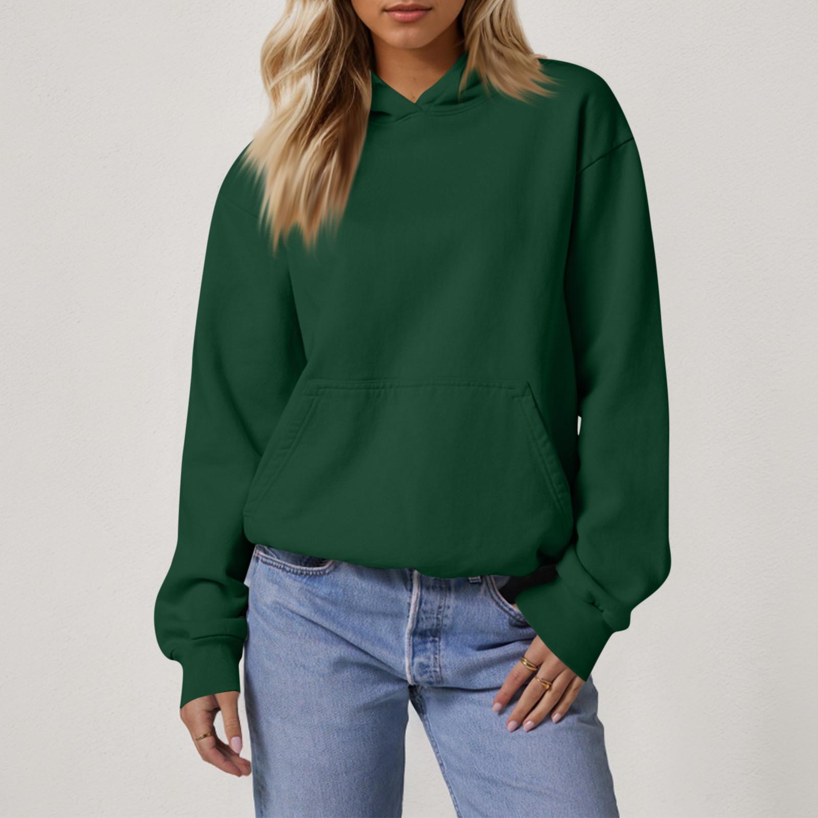 Женские свободные толстовки с длинными рукавами блузки повседневные модные однотонные пуловеры толстовки с капюшоном топ с карманом S темно-зеленого 1429₽