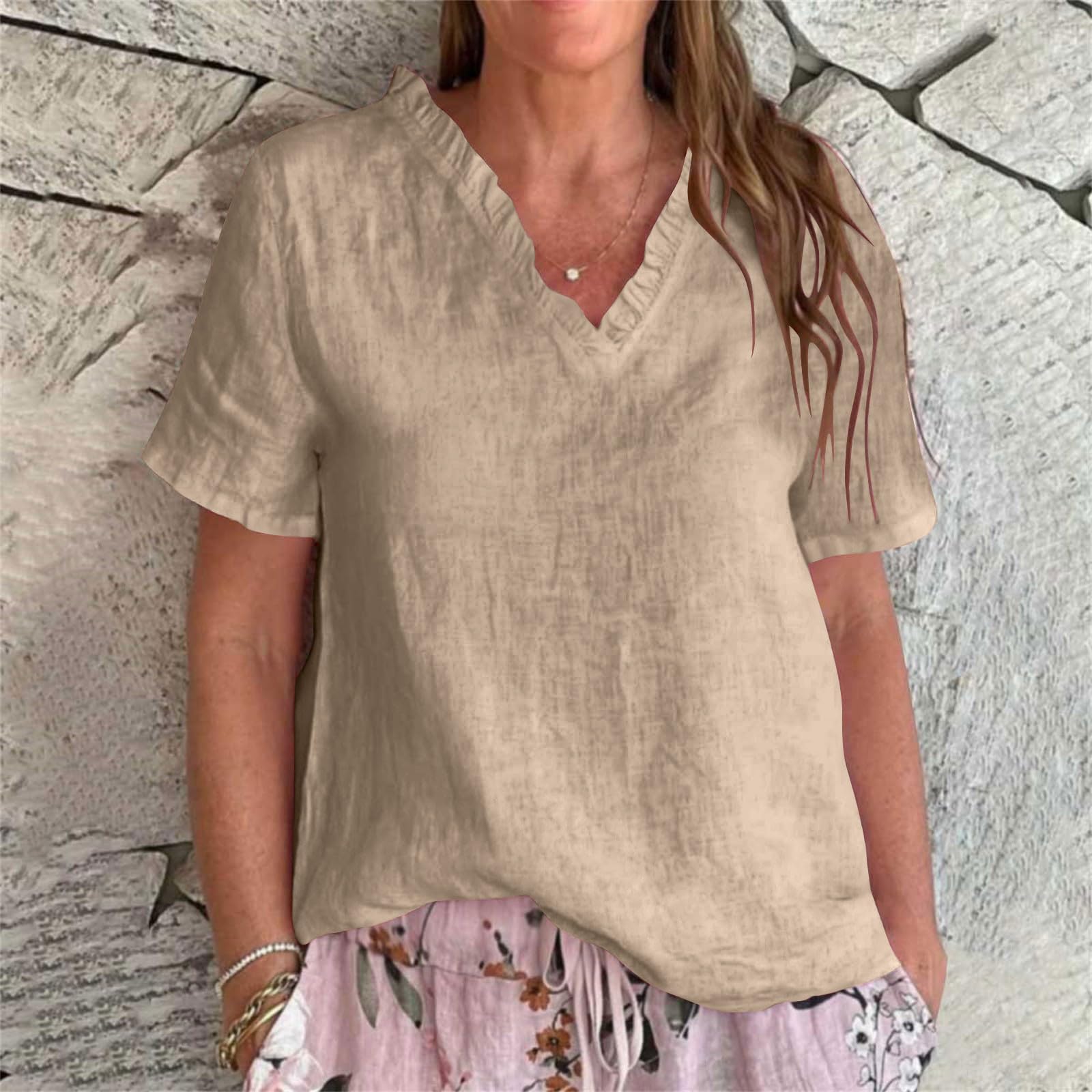 

Women s Fashionable Loose-Fit V-Neck Short-Sleeve T-Shirt Casual Top XXL хакі