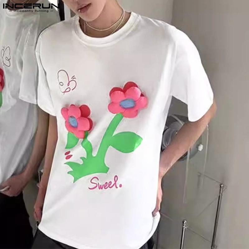 INCERUN Men Round Neck Short Sleeve 3D Print Stitching Casual Loose T-shirts