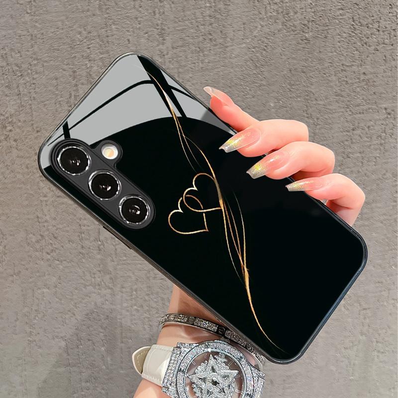 Goldenes herzförmiges Muster Glas Handyhülle geeignet für Samsung Galaxy S26 S25 S24 S23 S22 S20 FE Ultra Plus5G Anti-Drop