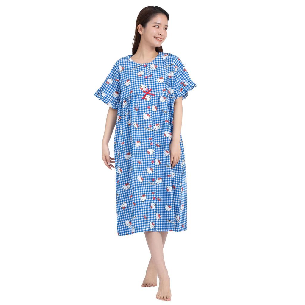 Hello Kitty One Piece Nightgown Cotton Broadband Button Front Room Wear Loungewear Gingham Hello Kitty [SAZAC] 100% Women's (Blue/M-L/SAN1779)
