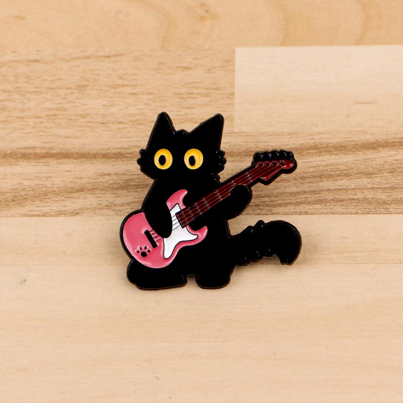 Kawaii Black Cat Enamel Pin Rock Guitar Music Brooches On Clothes Badge Bag Gothic Lapel Woman Men Jewelry Gifts For Friends