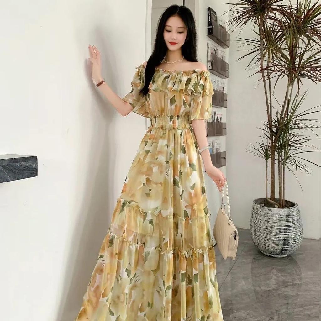 One Shoulder Off Shoulder A-line Ruffled Floral Chiffon Dress Summer Women's Slim Beach Vacation Beach Long Dresses