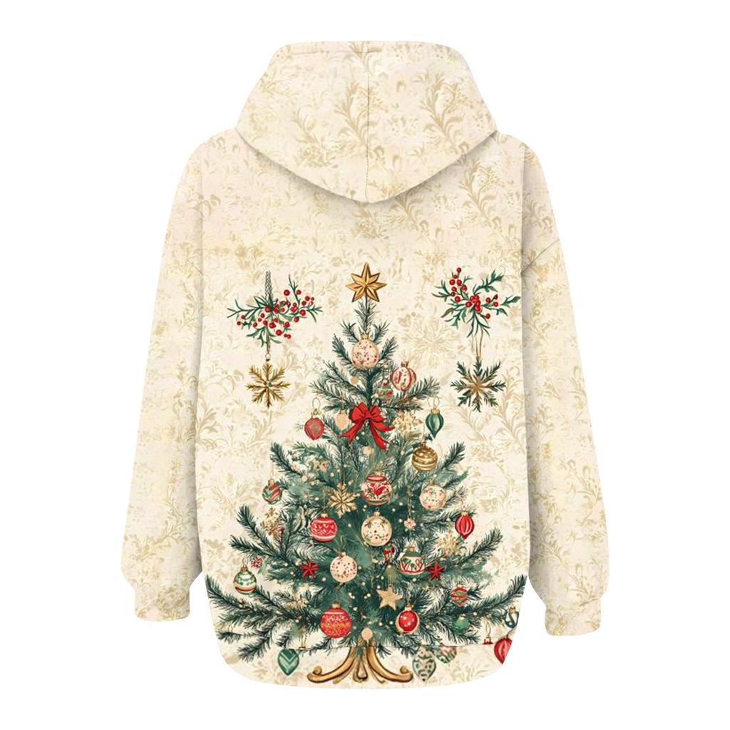 Damenmode Casual Weihnachtsdruck Sweatshirt Herbst Winter Langarm Cardigan Jacke Mit Tasche Reißverschluss Hoodie Jacke