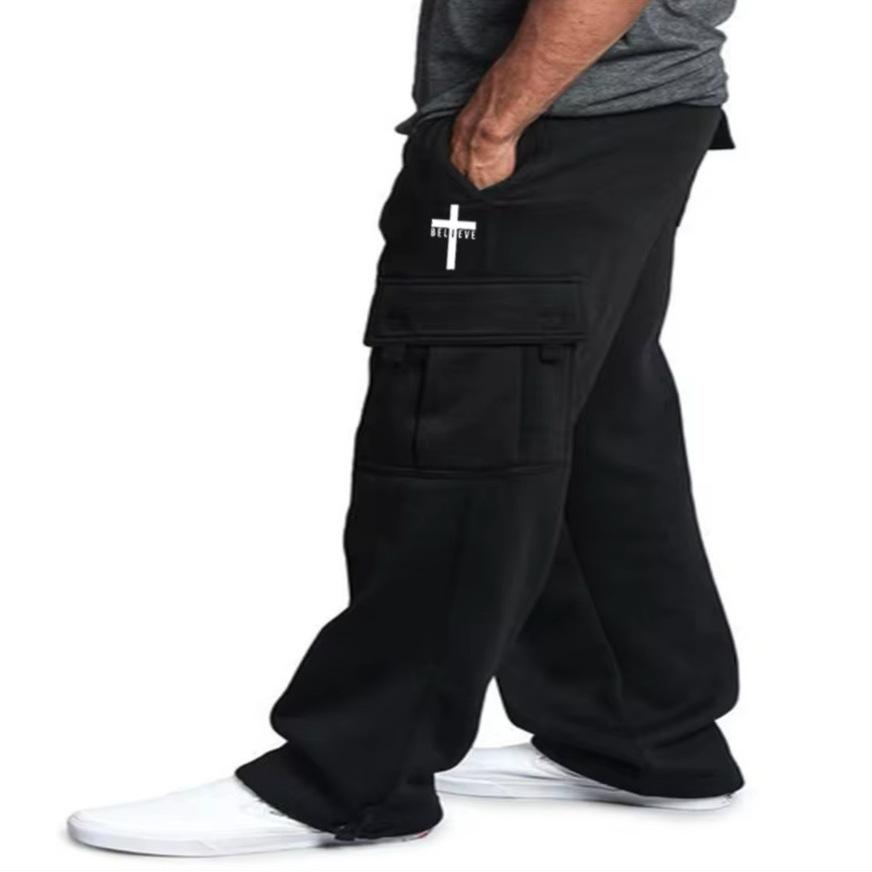 

New Men s Straight Loose Work Casual Pants Drawstring Multi-pocket Sports Pants S