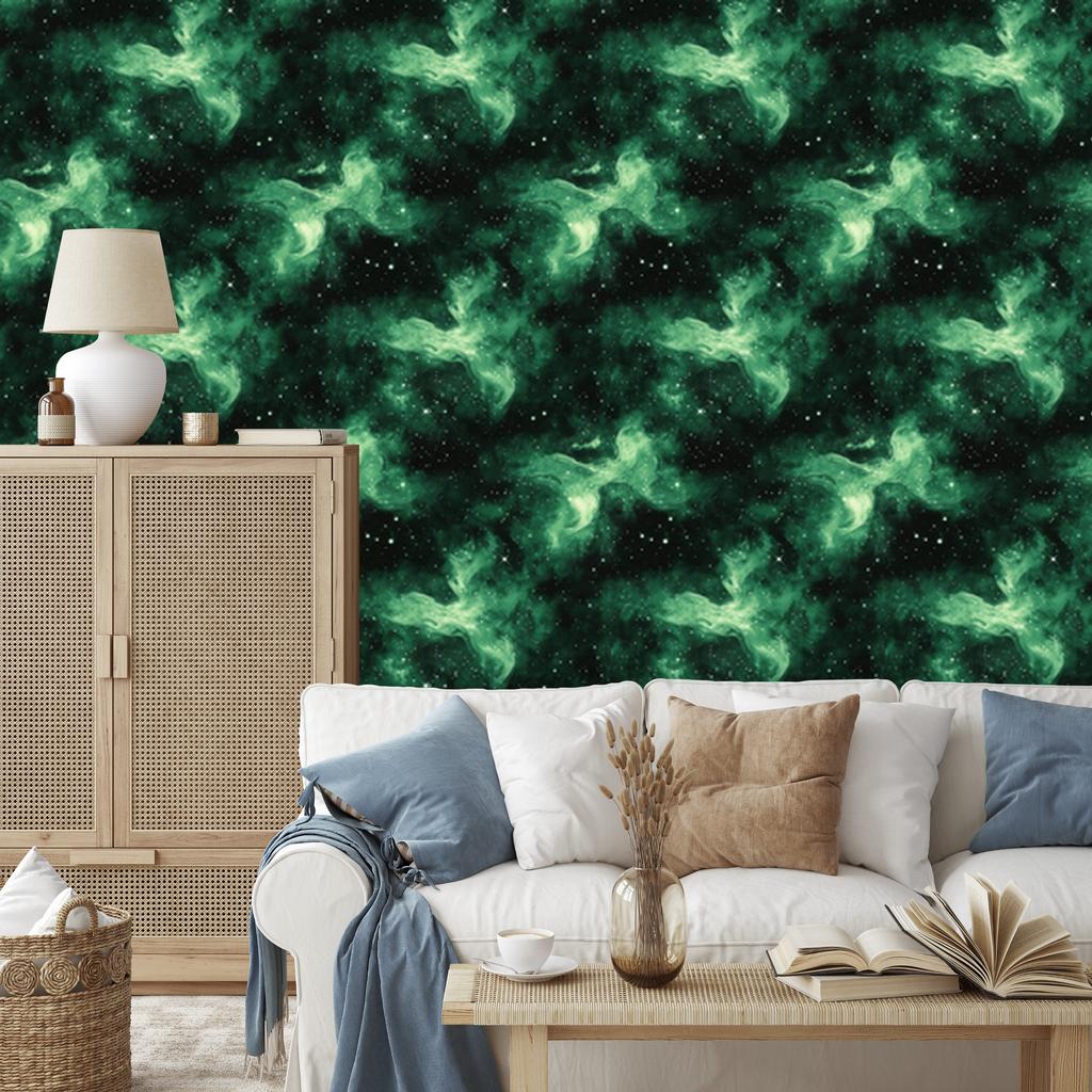 Watercolor Galaxy Wallpaper Sea Green and Black 50x1000