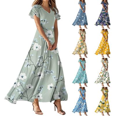 Women's Summer Casual Fashion Print Color Dresses V-Neck Short Sleeve Dresses