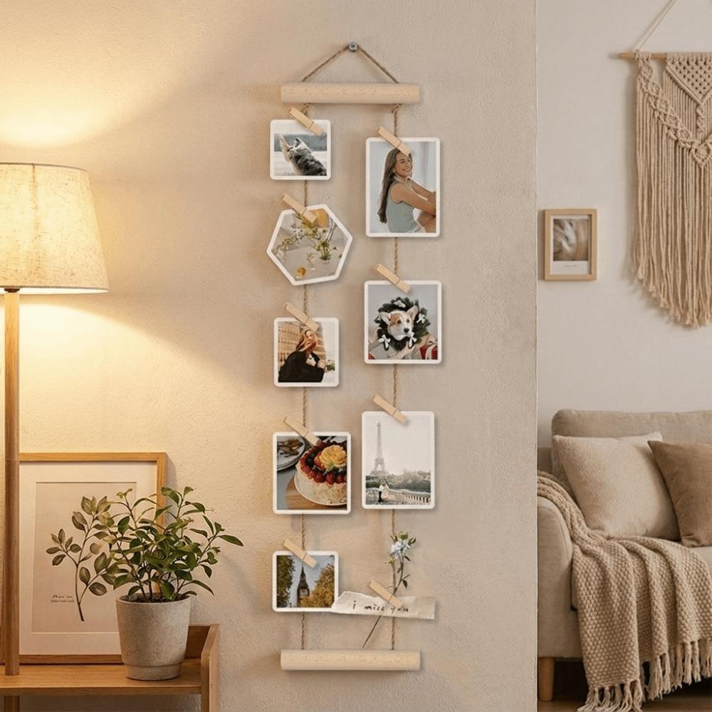 Handcrafted Hanging Photo Display Minimalist Photo Collage Frame Wooden Hanging Photo Clip Gift