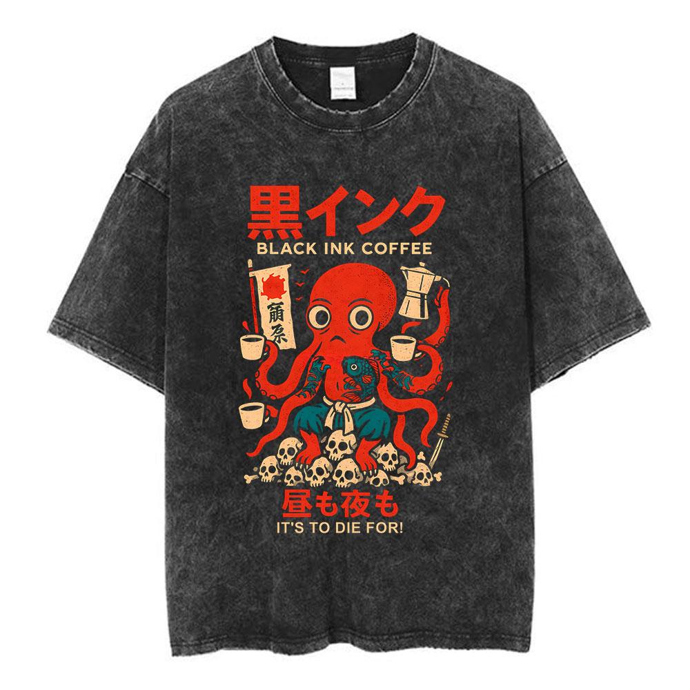 Vintage Washed Osaka Dotonbori Drunken Octopus Takoyaki Funny T Shirts Men Women Retro Japanese Style Oversized Cotton TShirts