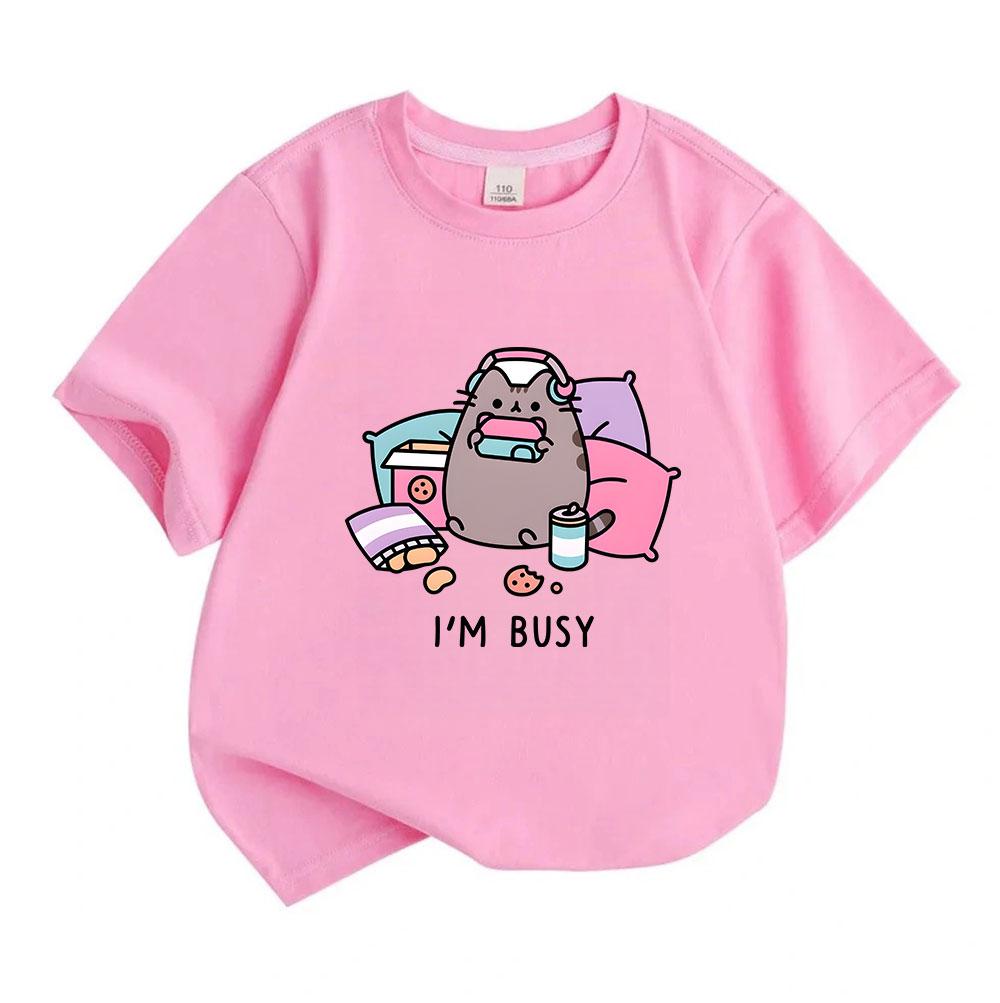 Kids Boys Girls 100% Cotton Crew Neck Short Sleeve T-Shirt, Cute Gaming Fat Cat Print Casual Funny Shirt, Comfy Tees for Daily Wear Leisure Home Party