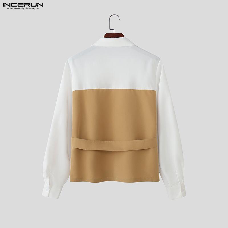 INCERUN Men Lapel Neck Patchwork Hit Color Long Sleeve Casual Shirts Tops