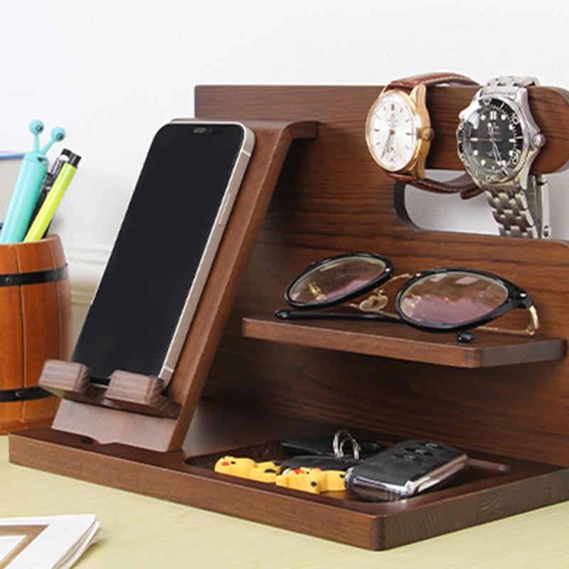 Nachtkastje Organizer Hout Telefoon Docking Station Sleutelhouder Portemonnee Stand Horloge Organizer Valentijnsdag Cadeaus Voor Hem Houten Organizer