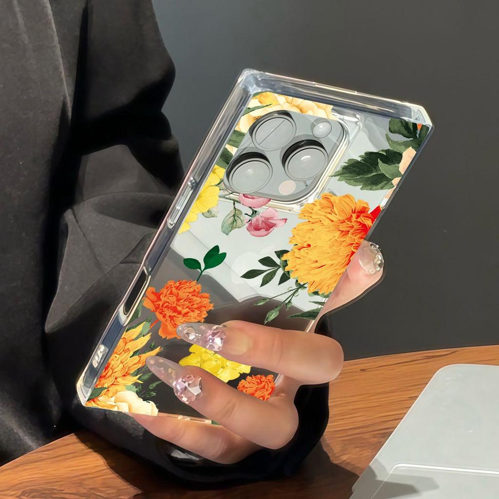 Clear Square Back Tube Case Protection For iPhone 14 Pro Max 12 11 15 Plus 16 ProMax 13 Anti-Oxygen,Champagne Roses Pattern Casing