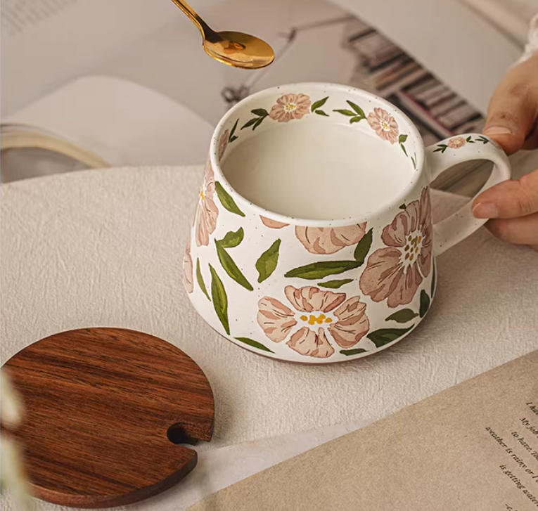 Super Beautiful, Vintage Floral Mug Ceramic Coffee Cups Office Water Bottle for Women,Capacity 380ml,Thickened Cup Wall, Pink