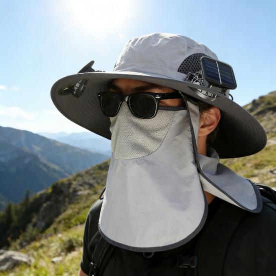 Solar-Ventilator-Hut mit Gesichtsschutz Nackenschutz UV-Schutz Hut mit Solar-Ventilator Wiederaufladbar Atmungsaktiv Herren Sommer Outdoor Angeln Breiter Rand Eimerhut