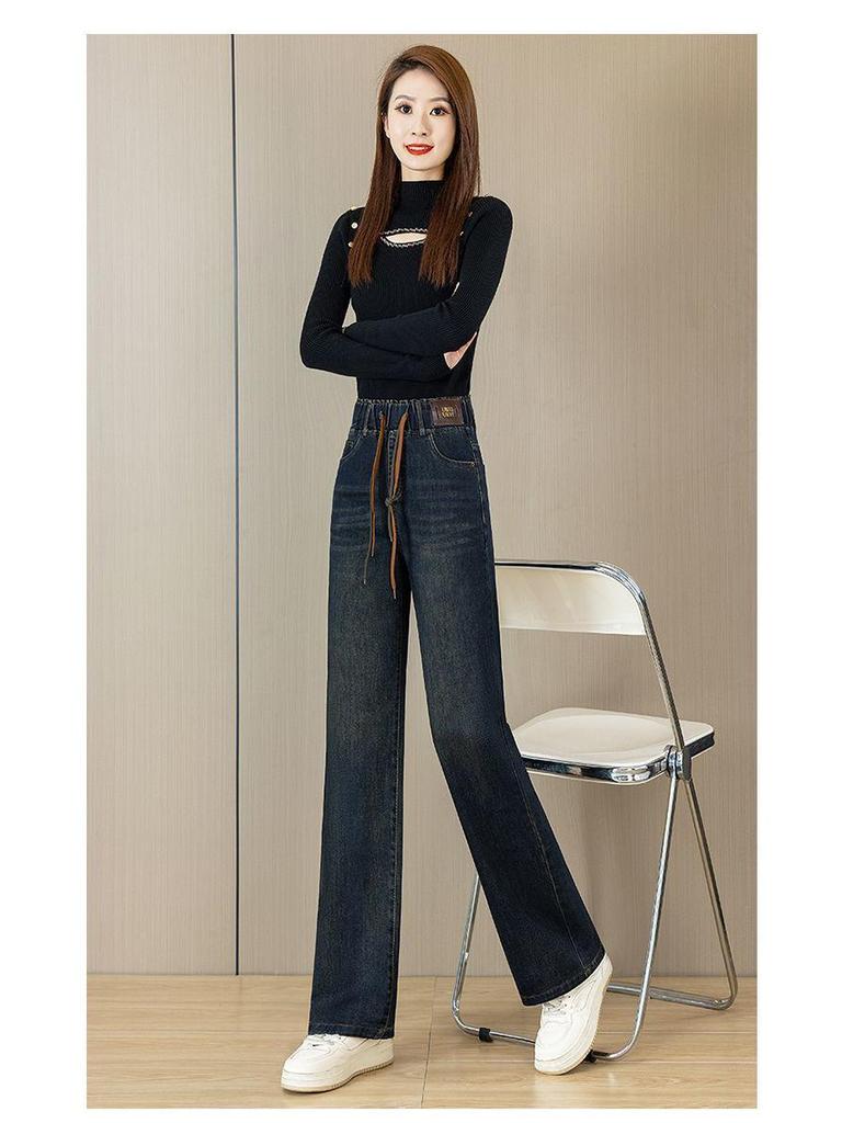 Women's Fleece-Lined Elastic Waist Denim Pants - Wide-Leg, Thickened for Autumn/Winter