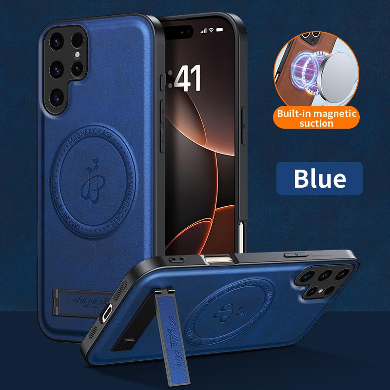 Magnetic Stand Holder PU Leather Phone Case For Samsung Galaxy S25 S24 S23 S22 S21 FEF Ultra Plus Wireless Charging Logo Cover