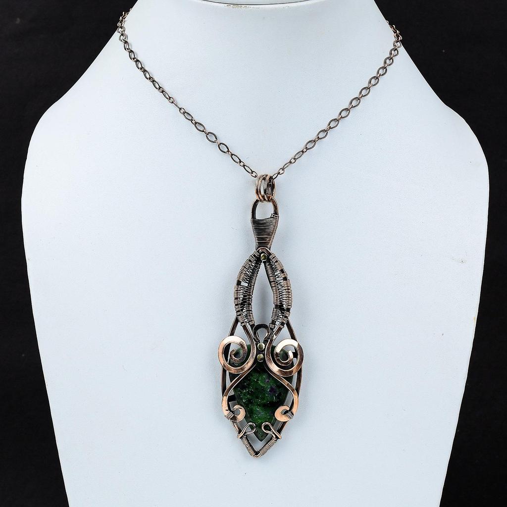 Ruby Zoisite Gemstone Pure Copper Wire Wrapped Handmade Pendant Jewelry Gift
