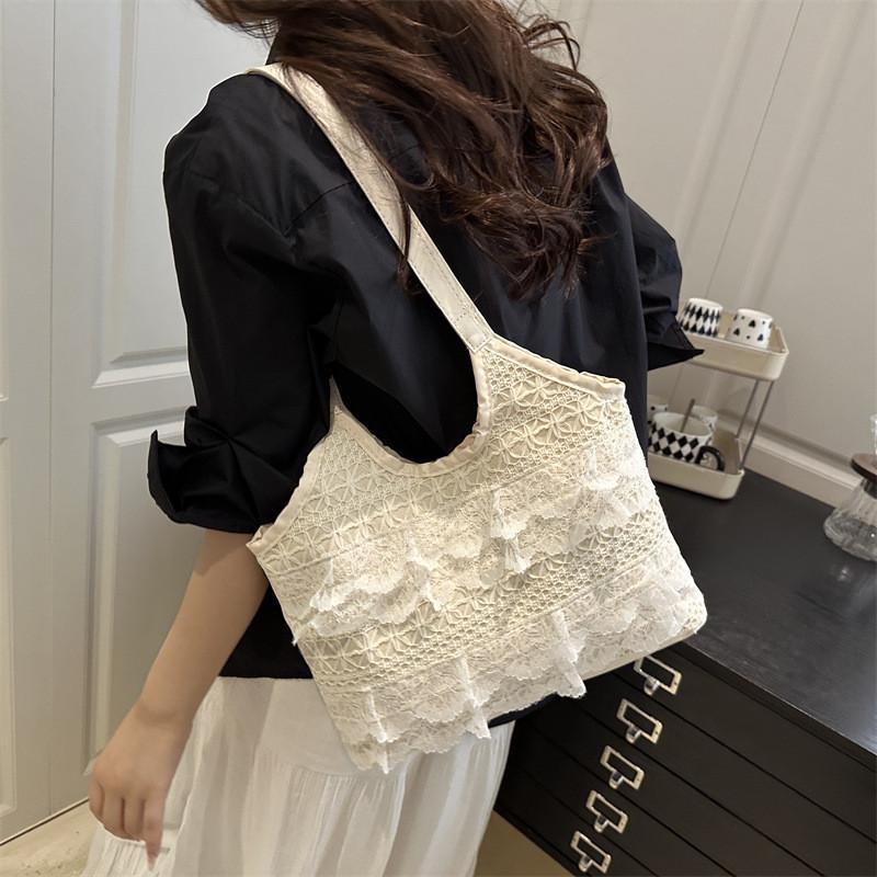 Elegant Solid Color Lace Decoration Women Casual Shoulder Bag For Daily Use