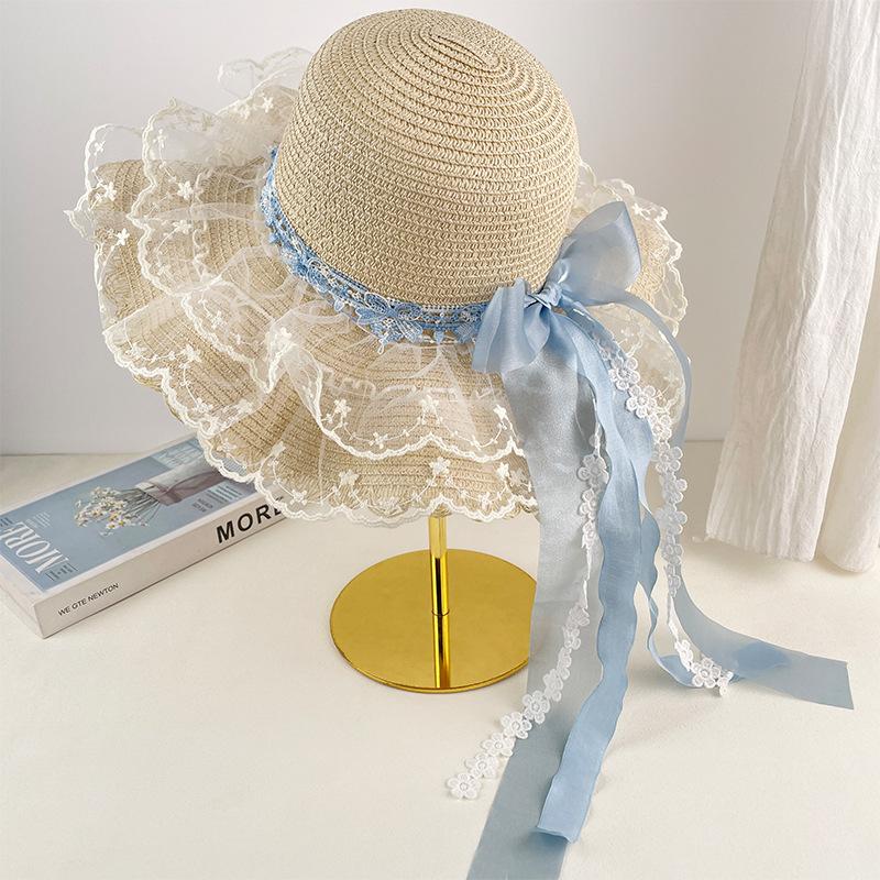 

Lace Bow Summer Outdoor Sun Hat Women Wide Brim Beach Sunshade Hat Foldable UV Protection Straw Hat Women Travel 56-58cm