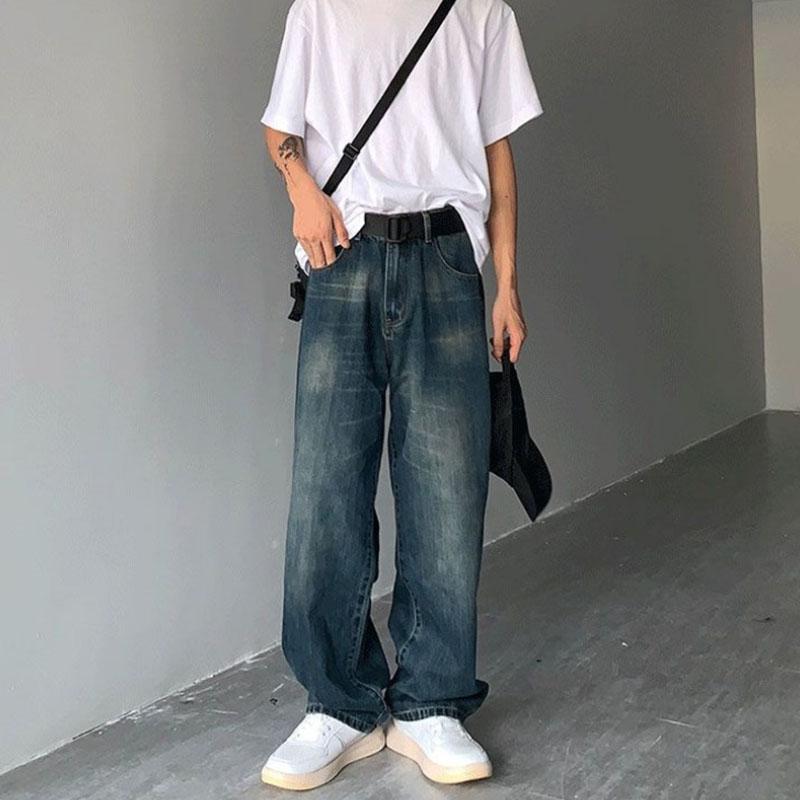 Men s Vintage Dark Blue Washed High Waist Wide Leg Denim Pants S синий