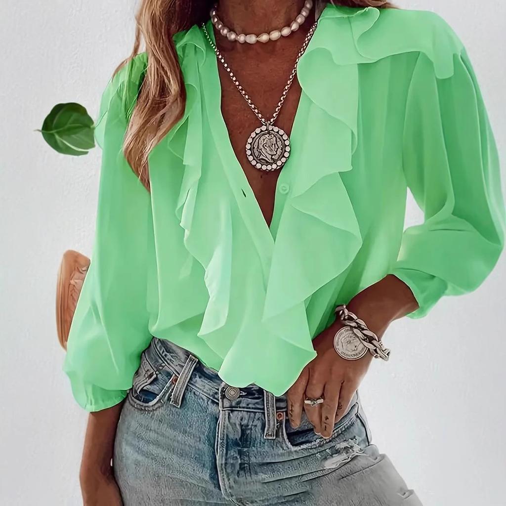 YYFS Women's Fashion Casual Summer Spring Solid Color Print Long Sleeve V-Neck Blouses & Shirts