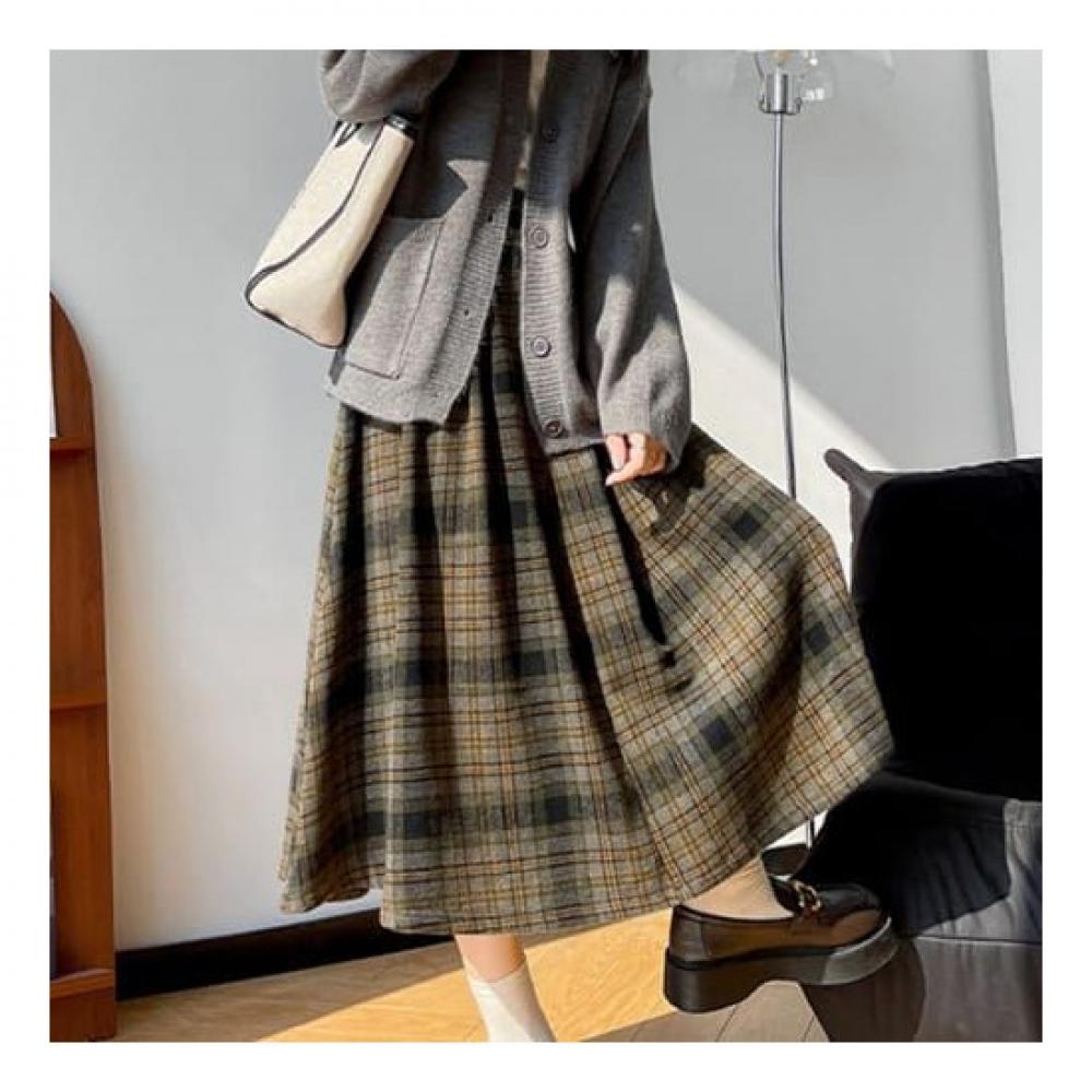 Navava Checked Back Banding Wool Skirt Ns329