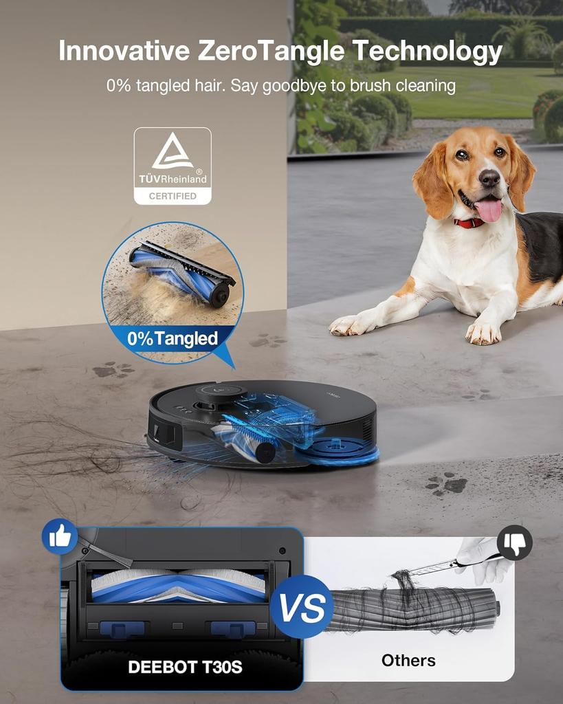 ECOVACS Deebot T30S Pro Robot Vacuum Cleaner with Wiping Function, 11,000 Pa, ZeroTangle Technology, 70°C Hot Water Wiping When Washing