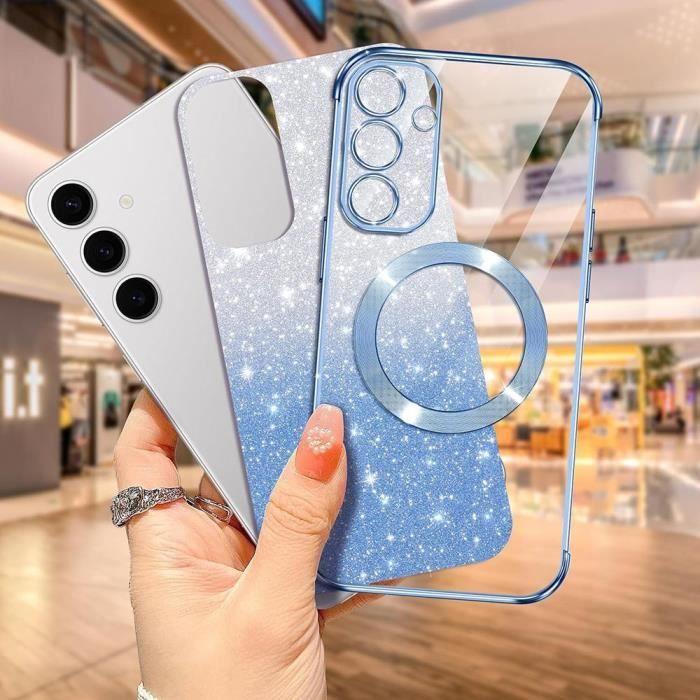 Coque et 2 verres trempés pour samsung galaxy s24 fe, silicone avec protection objectif et cercle magnétique - bleu pailleté