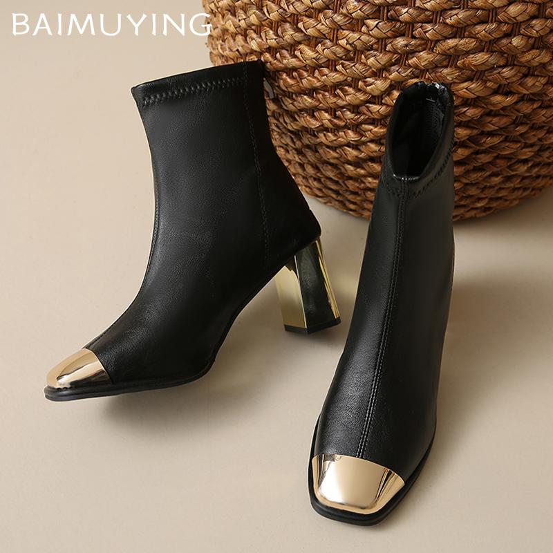 Ankle Boots Women Winter Shoes Leather Square Toe Elegant High Heels Shoes 2025 Trend Winter Chunky Pumps Goth Botas De Mujer