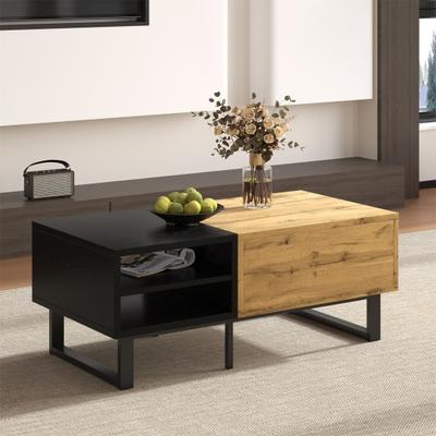 Coffee Table, Living Room Table with Color Block Structure, with Compartments And Drawers, Metal Legs