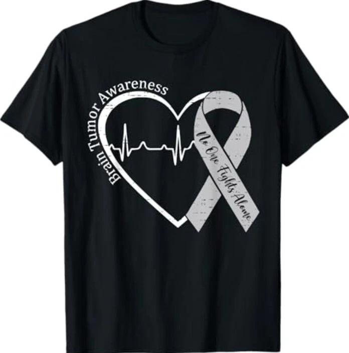 Brain Tumor Awareness Heart Brain Cancer Gray Ribbon Support T-Shirt S