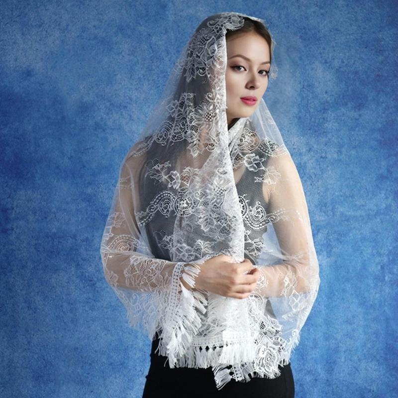 Eleganter spanischer Spitzen-Mantilla-Schleier für die katholische Kirche, Vintage-Kopfbedeckung für die lateinische Messe, gefranster Blumenschleier, Kopftuch