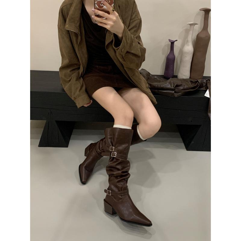 2025 new fashionable versatile European and American suede square heel knight boots long boots thin high boots women