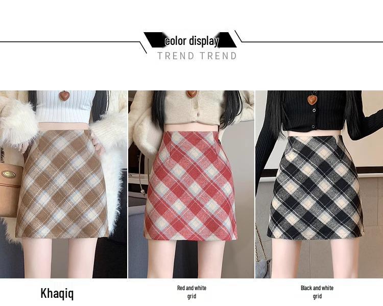 Korean Style Retro Plaid High-Waist Wool A-Line Skirt for Women - 2024 Autumn/Winter Collection