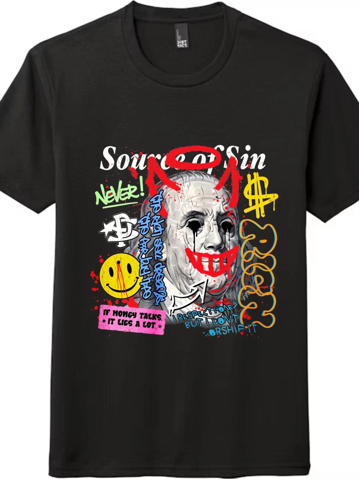 

Unisex Street Art Ben Franklin T-Shirt-Money Graffiti Source of Sin Graphic Tees S