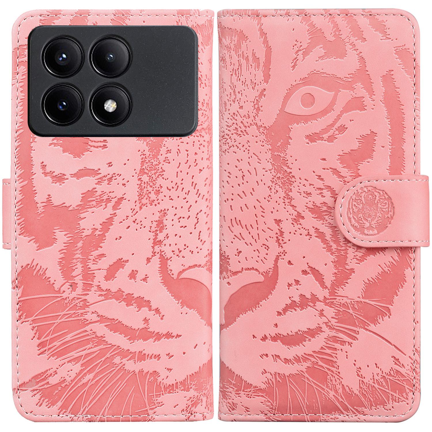 

PU Leather Phone Stand Shell for Xiaomi Poco X6 Pro 5G/Redmi K70E 5G Cover Tiger Imprinted Pattern Case Pink