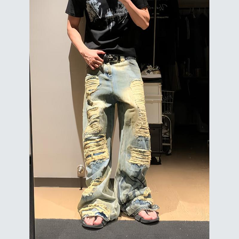 American high street retro washed old summer ripped jeans men's loose straight trendy brand ruffian handsome wide-leg pants