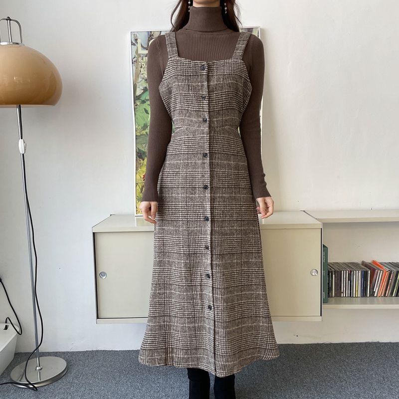 

Корейский стиль плюс размер полная девушка весна и осень новый клетчатый кардированный шерстяной ремешок однобортное на шнуровке приталенное платье платье Coffee 4XL
