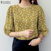 ZANZEA Women Casual Round Neck 3/4 Sleeve Loose Floral Blouse