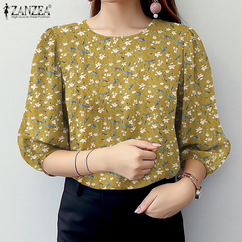 ZANZEA Women Casual Round Neck 3/4 Sleeve Loose Floral Blouse