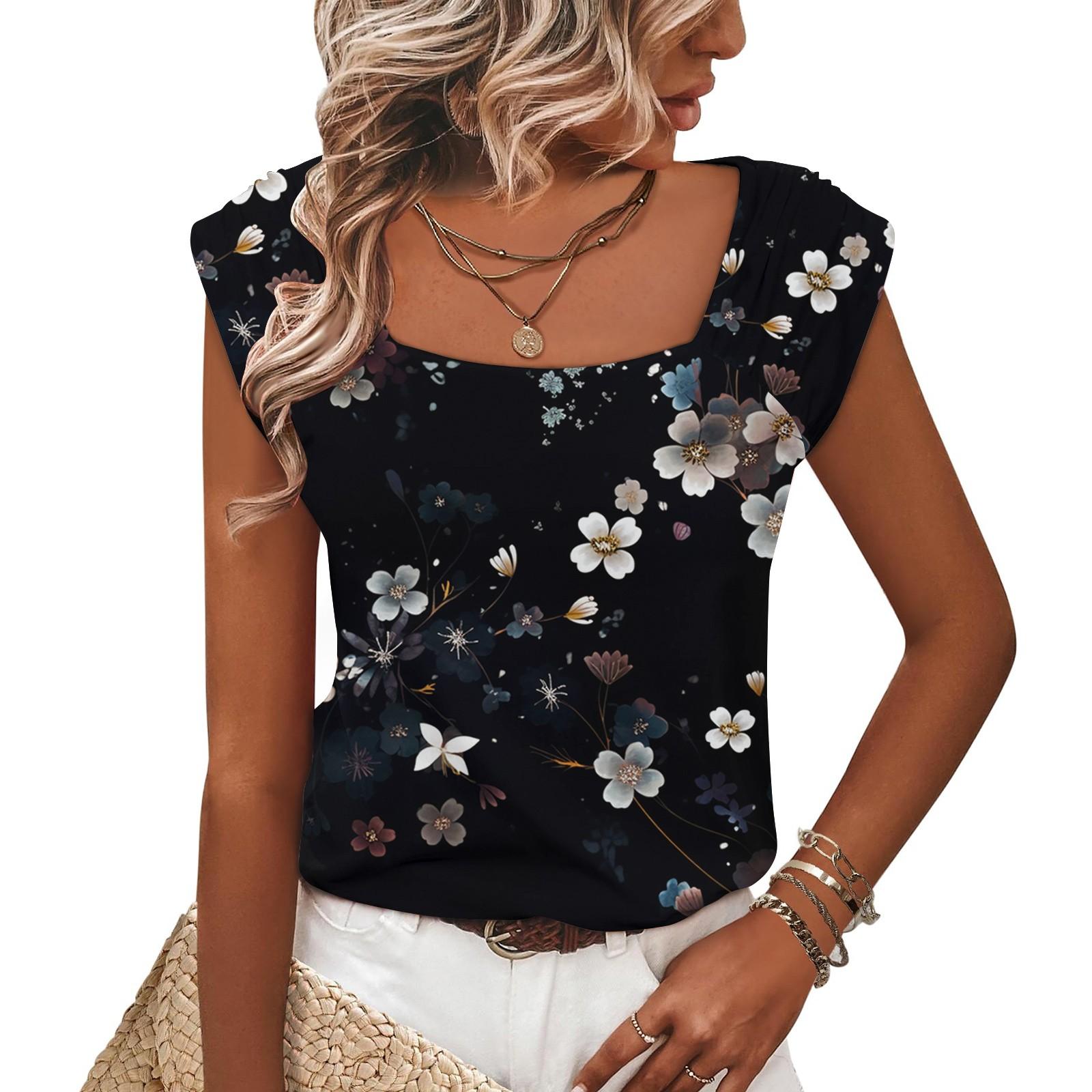 

Женский летний жилет с квадратным вырезом, свободная повседневная рубашка с короткими рукавами и принтом, топ XXL чёрный