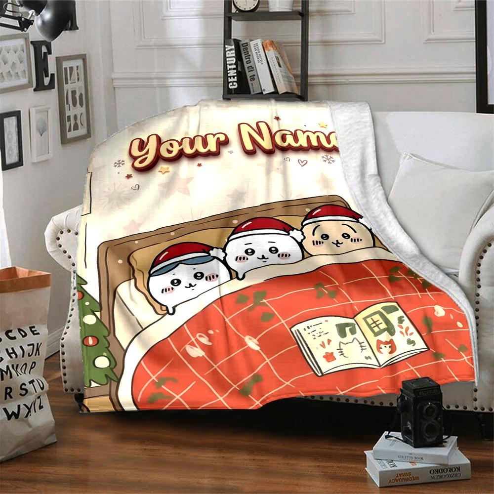 1pc Chiikawa Blanket with Custom Name, Gift, for Men and Women, Soft Blanket, Good for Sofa Bed Couch Travel, Lightweight Flannel Blanket