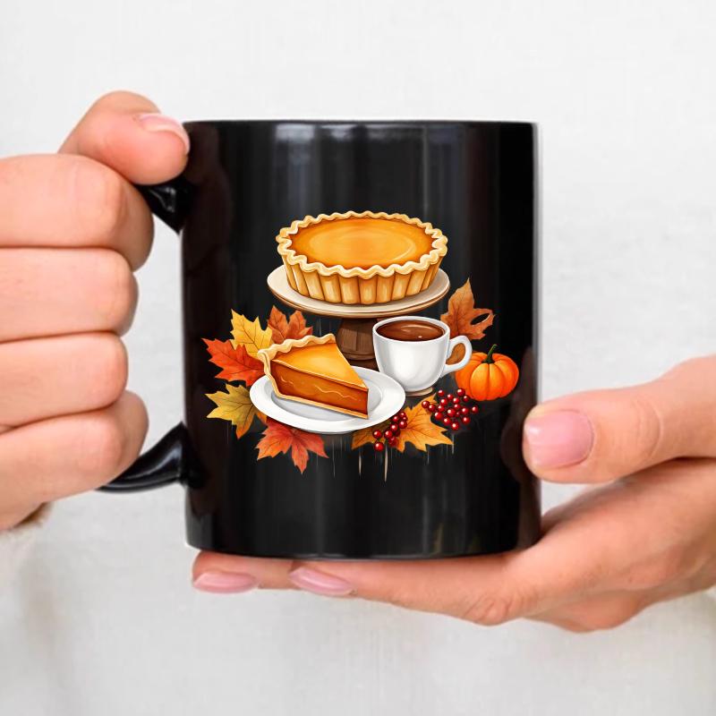 Ceramic coffee mug, black, autumn pie with coffee pattern, suitable for autumn чёрный